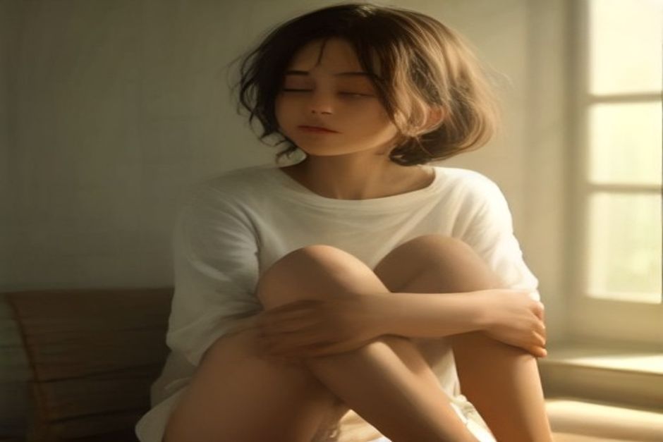 A person sitting cross-legged with eyes closed and thumbs resting gently at the ears, serene expression, warm natural light