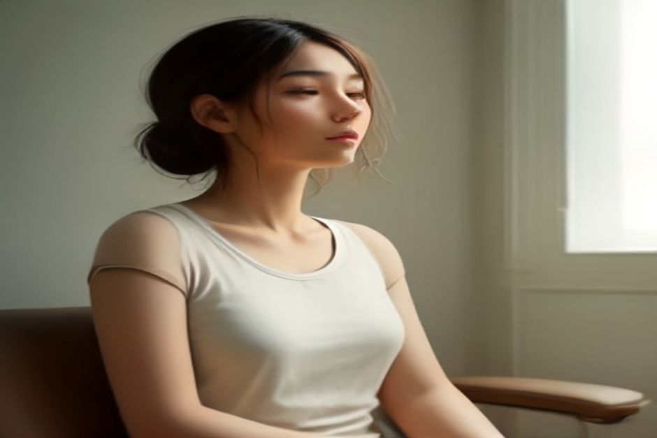 A seated person practicing alternate-nostril breathing, hand relaxed near the nose, eyes soft