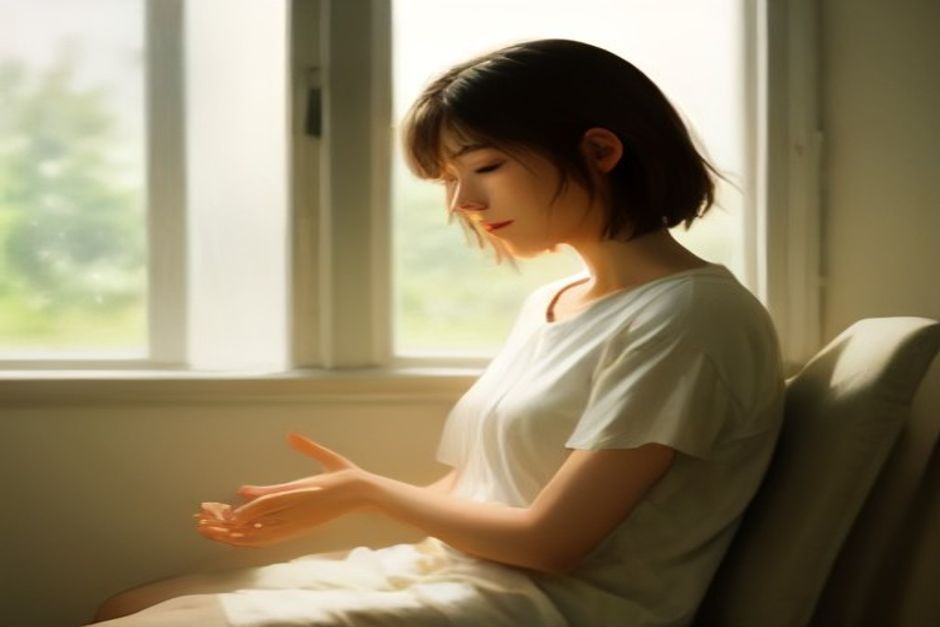 A person sitting by a window with eyes closed, one hand resting on the chest, soft natural morning light