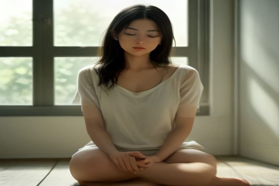 Person sitting cross-legged with hands resting on knees, eyes closed, breathing calmly in soft window light