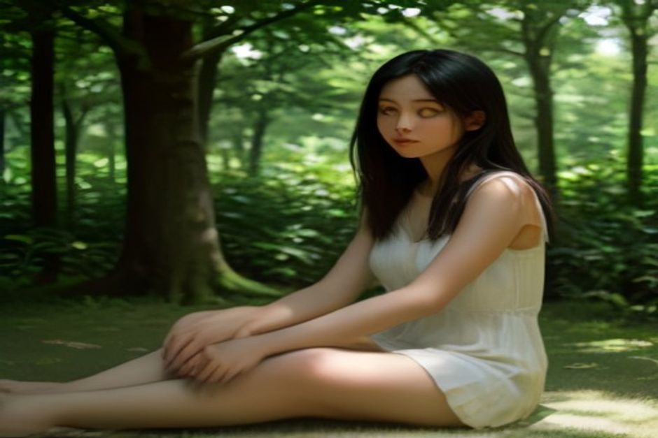 Person sitting in dappled shade outdoors in summer, practicing breathing with a calm expression