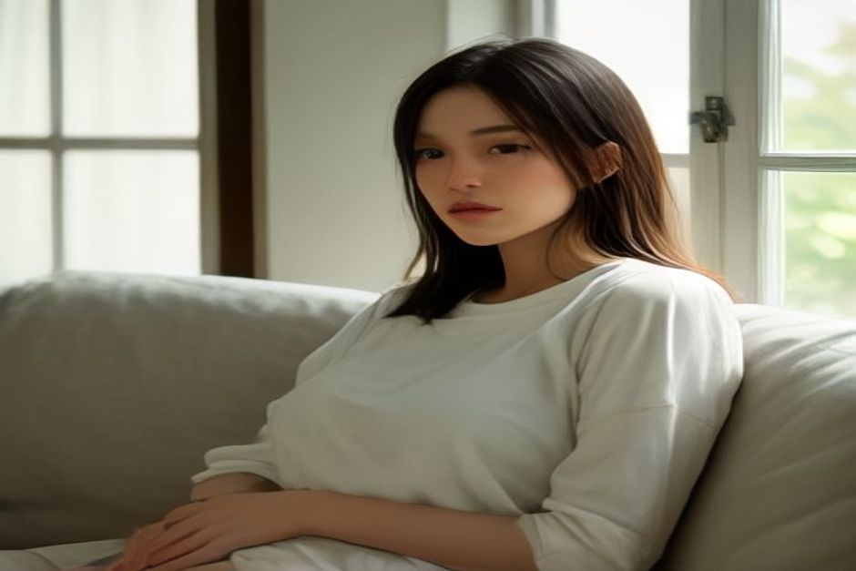 A person seated upright on a cushion by a window, lips softly pursed mid-exhale, calm natural light