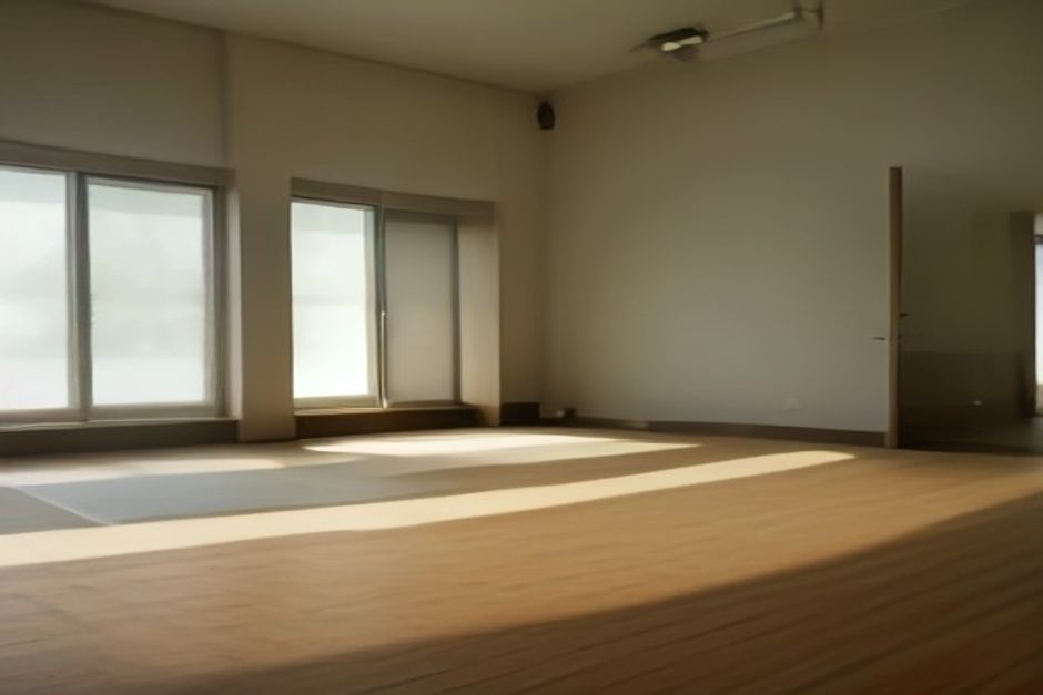 Empty heated yoga studio with rows of mats, folded towels, and mirrors in warm light