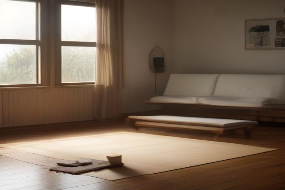 Two yoga setups side by side on a wooden floor: a simple mat with one block, and a mat piled with bolsters and folded blankets, warm natural light