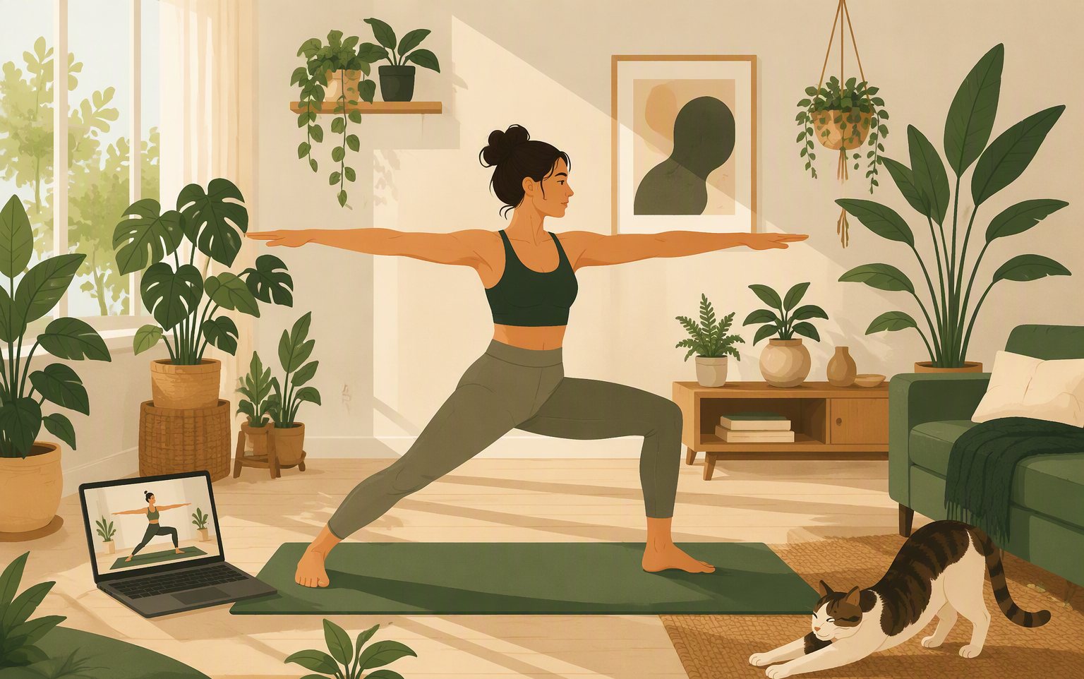 Home yoga practice in a plant-filled living room