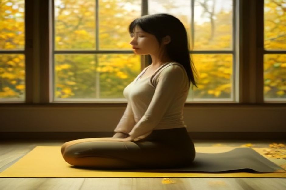 Person practicing a seated forward fold on a mat beside a window with autumn leaves outside