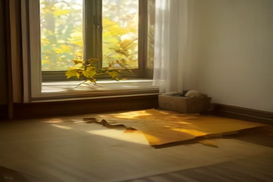 A yoga mat and folded blanket by a window with autumn leaves visible outside in soft light