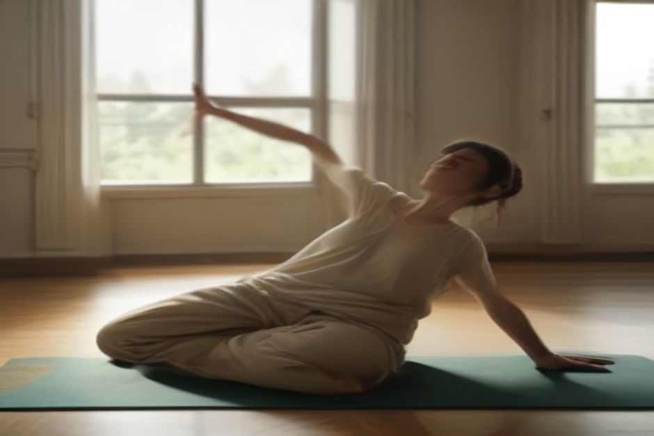 A yoga beginner in loose clothes mid-pose on a mat at home, soft window light, slightly imperfect alignment