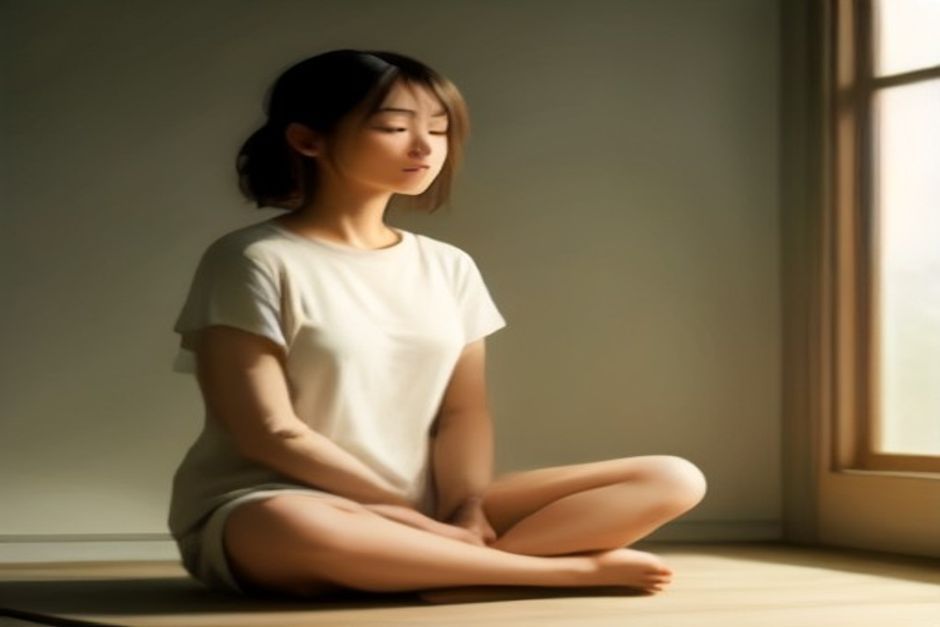 A person sitting upright in meditation posture with eyes closed, breathing calmly, in a quiet room with warm morning light