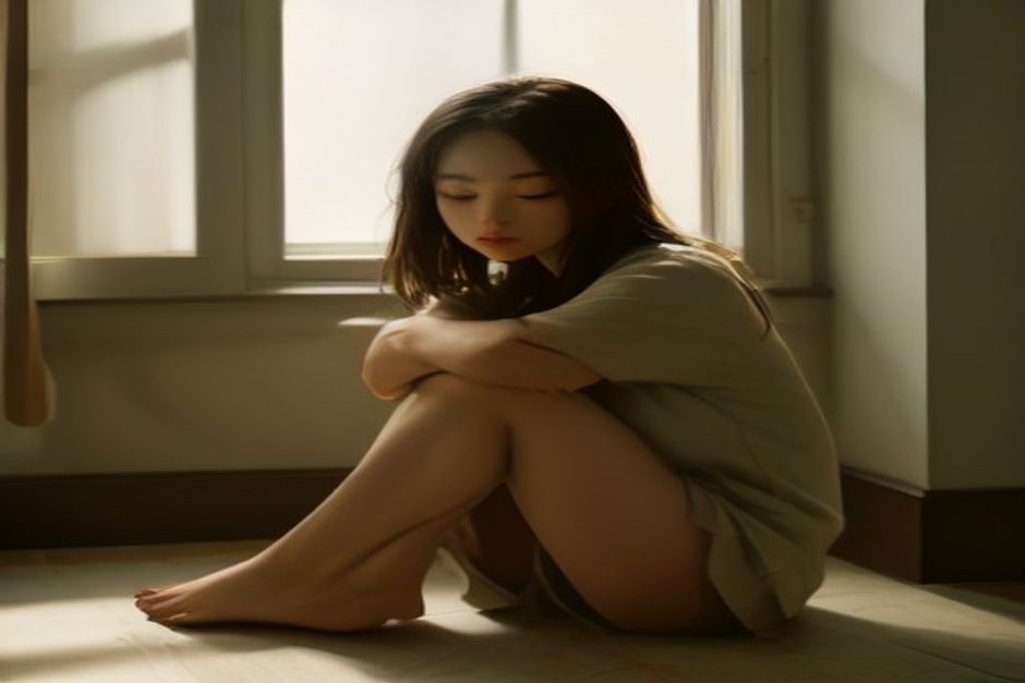 A person sitting cross-legged with eyes closed and hands resting on knees, calm earth-toned room, natural light