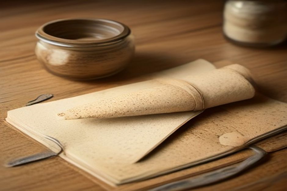 A simple yoga mat, cork block, and cotton strap on a wooden floor beside a notebook and a small jar of coins