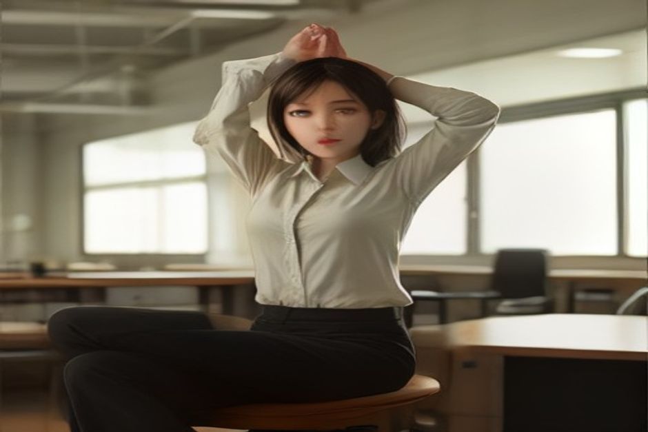 A person in office clothes sitting tall on a desk chair with arms stretched overhead, bright natural office light