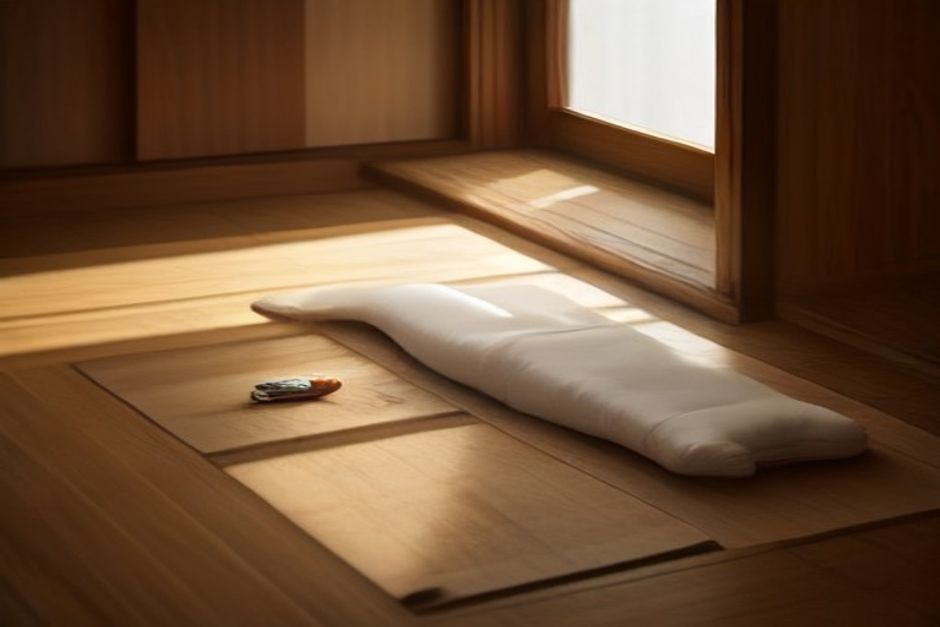 A smartphone face-down on a wooden shelf outside a doorway, with a sunlit yoga mat visible in the room beyond, earth tones
