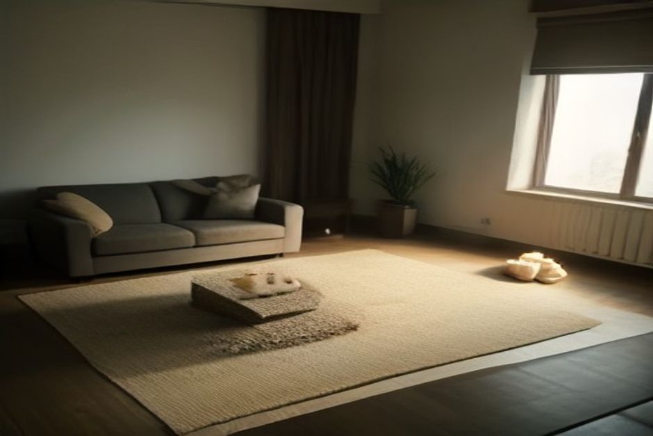 A rolled-out yoga mat in a dim living room with a candle and folded blanket, warm evening light