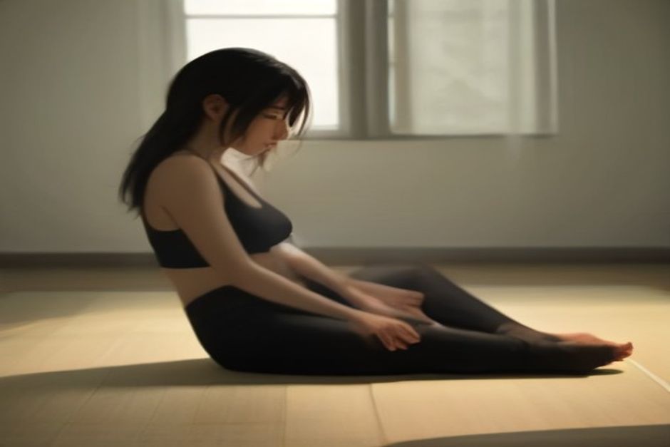 A person in a relaxed seated forward fold with bent knees on a mat in soft daylight