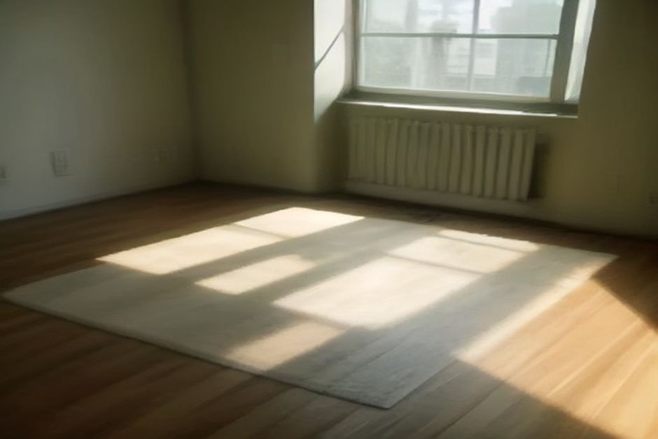 A rolled-out yoga mat in a quiet living room corner with morning light and a folded blanket