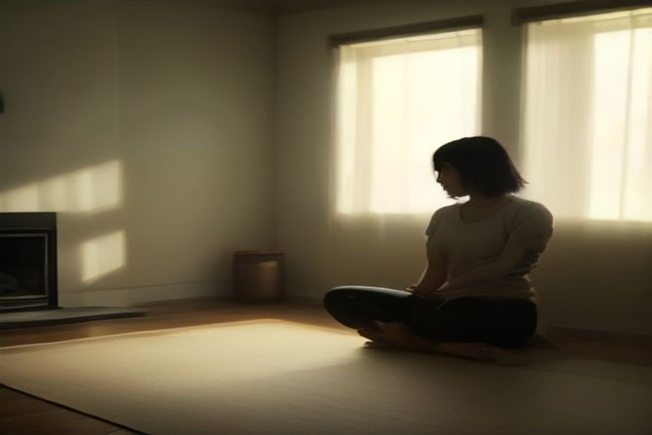 Person unrolling a yoga mat at home in the early morning