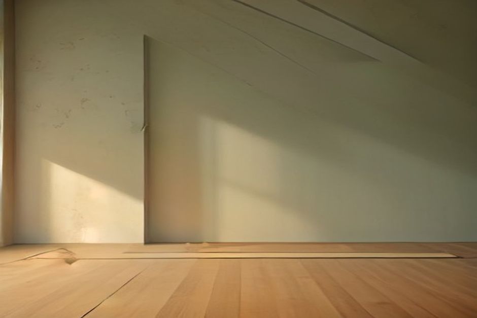 Three rolled yoga mats in muted earth tones leaning against a wall in soft morning light, minimalist