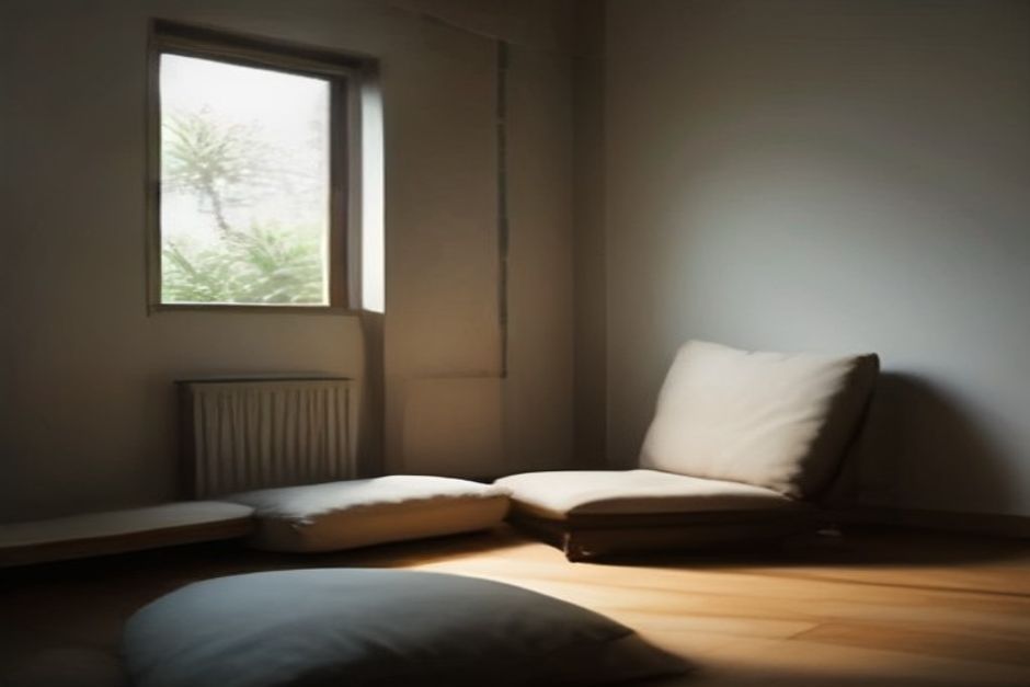 A person sitting in meditation on a cushion in a quiet, dim room, eyes open with a wry expression