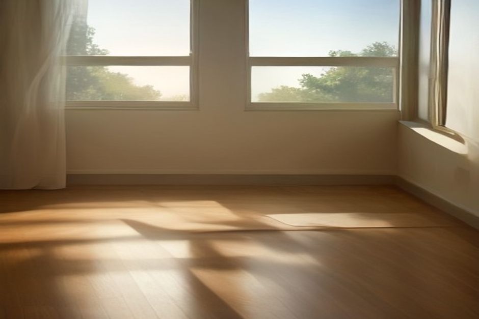 A yoga mat by a large window split between warm sunrise light on one side and dusk blue on the other