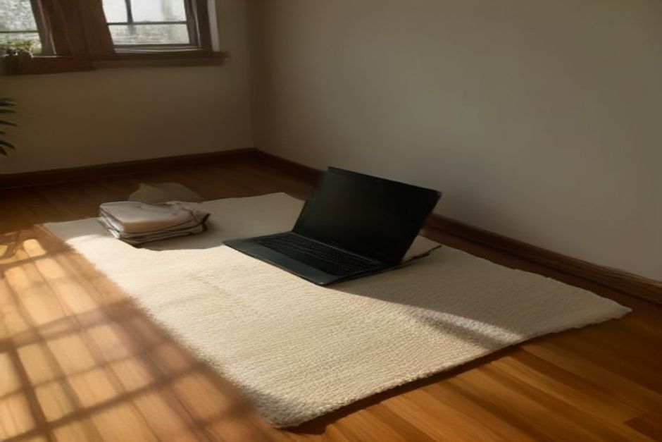 A laptop open on a living-room floor showing a yoga video, with a mat unrolled in front of it, soft daylight