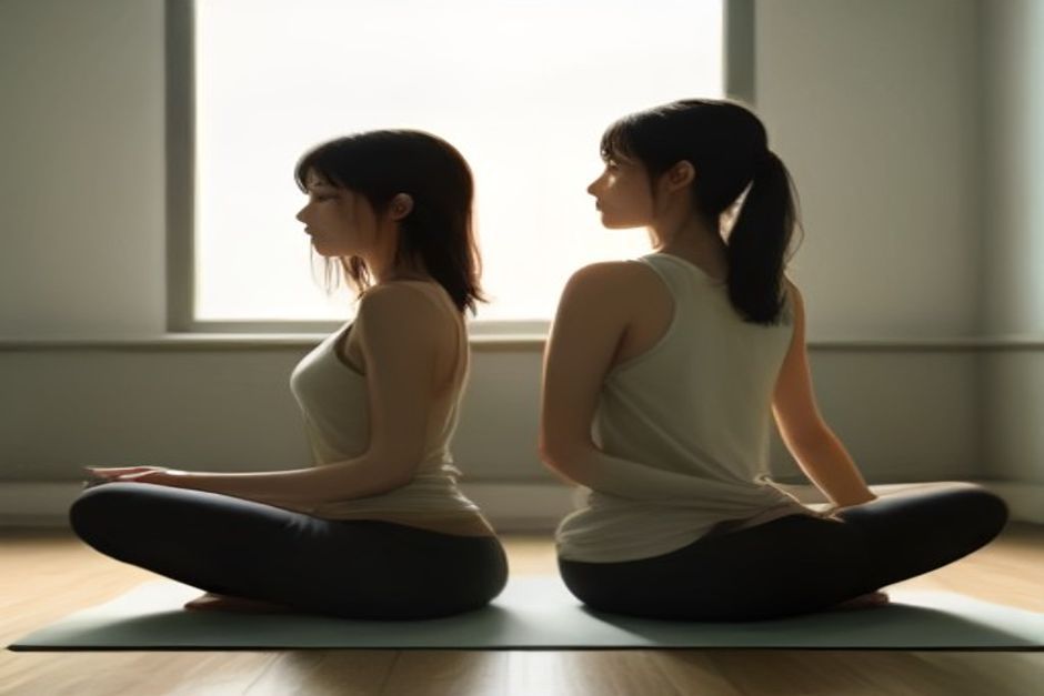 Two people sitting back to back on yoga mats in a bright living room, breathing together, warm natural light