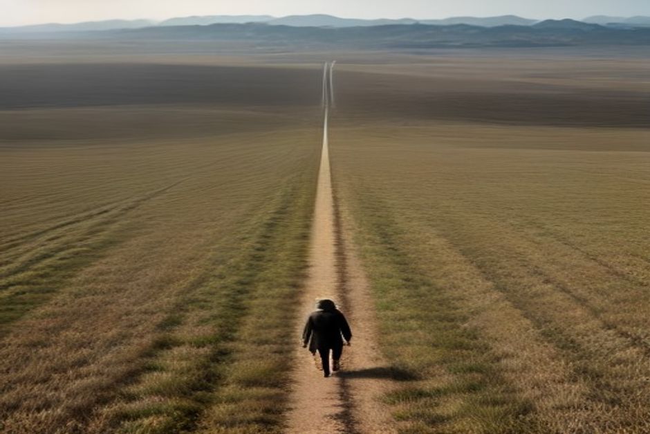A long straight path through flat open landscape under an overcast sky, a lone figure walking in the distance