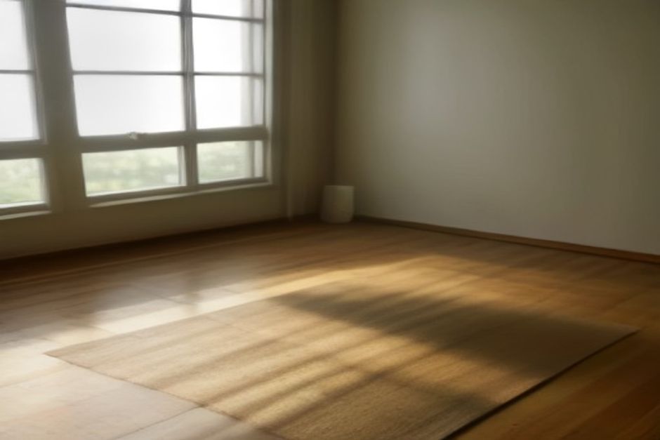 A rolled-out yoga mat in a quiet corner of a living room with a folded blanket and morning light across the floor