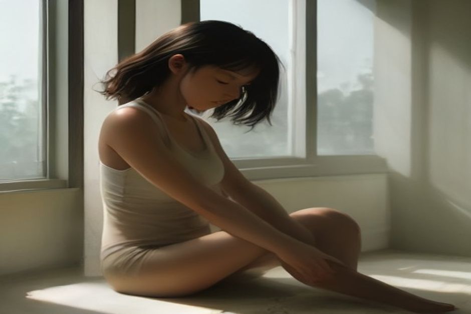 A person sitting cross-legged by a bright window in soft morning light, one hand resting on the chest, breathing