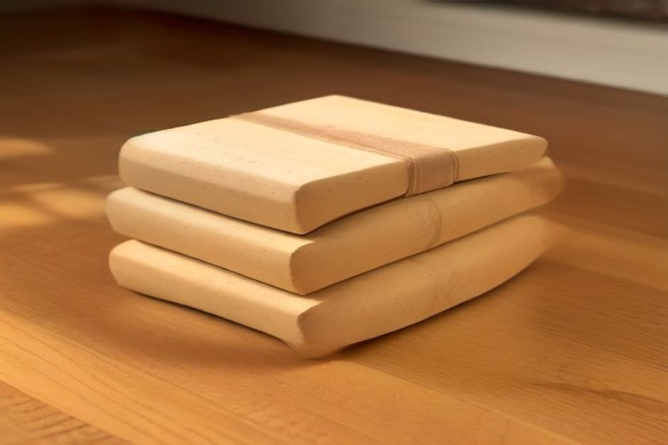 A neat stack of cork yoga blocks, a folded cotton strap and a bolster on a wooden floor in warm light