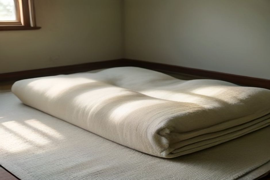 A bolster and folded blankets arranged on a yoga mat in a quiet room with soft afternoon light