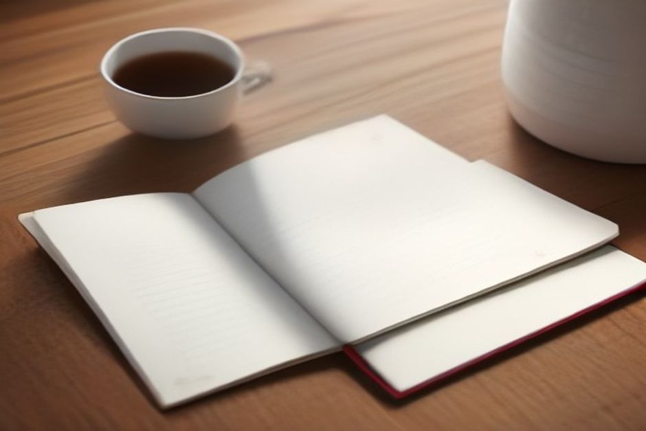 An open notebook with handwritten notes beside a folded yoga mat and a cup of tea, warm morning light