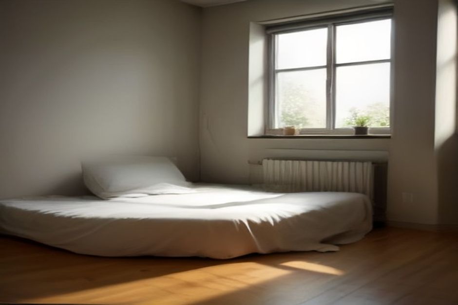 A yoga mat laid out in a narrow space between a bed and a wall in a small apartment, morning light from a window