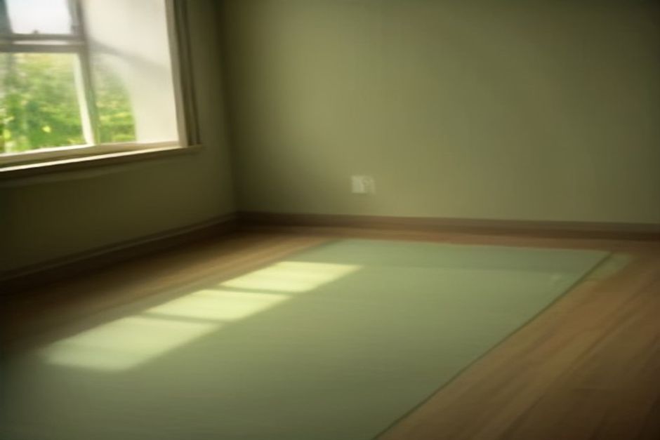 A yoga mat unrolled near an open window with fresh green leaves outside, soft spring morning light, minimalist room