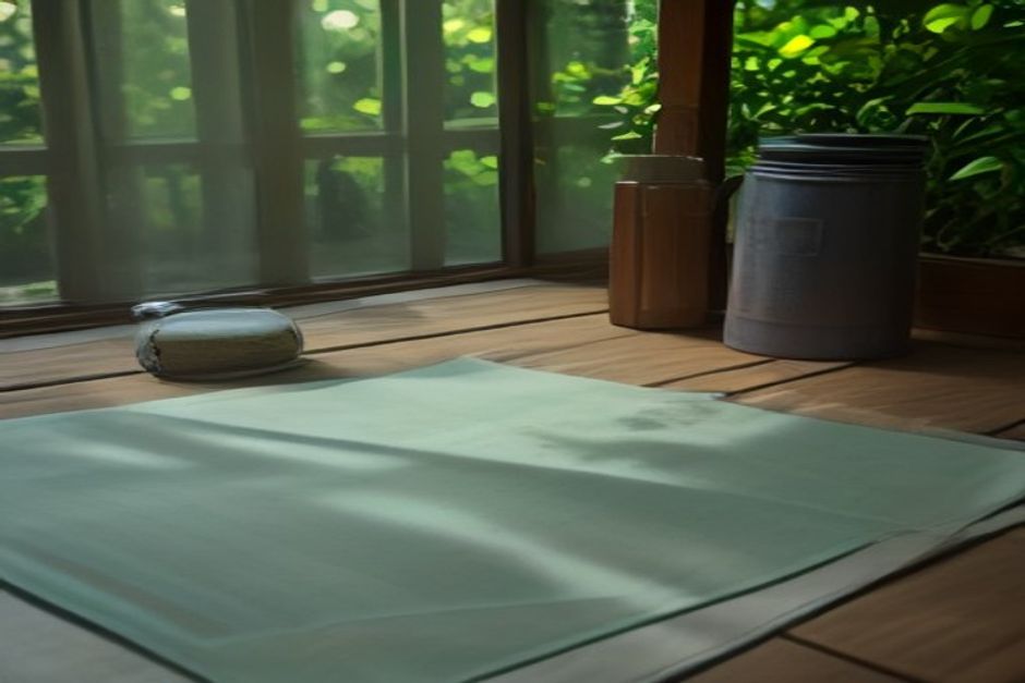 A yoga mat on a shaded wooden porch in early morning light, a glass water bottle and folded towel beside it