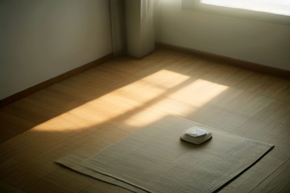 A yoga mat rolled out in a small apartment corner with a kitchen timer and a folded blanket, morning light