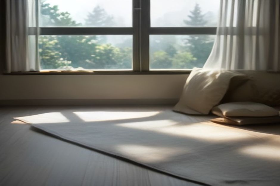 A yoga mat unrolled beside a window with frost on the glass, warm lamplight and a folded wool blanket nearby