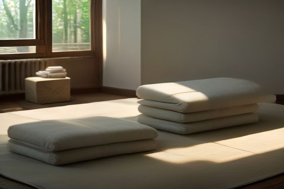 A restorative yoga setup with bolster, folded blankets, and blocks arranged on a mat in warm evening light