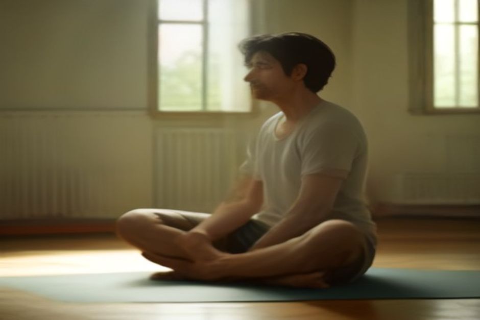 A man in his forties doing a gentle seated yoga stretch on a mat in a sunlit living room