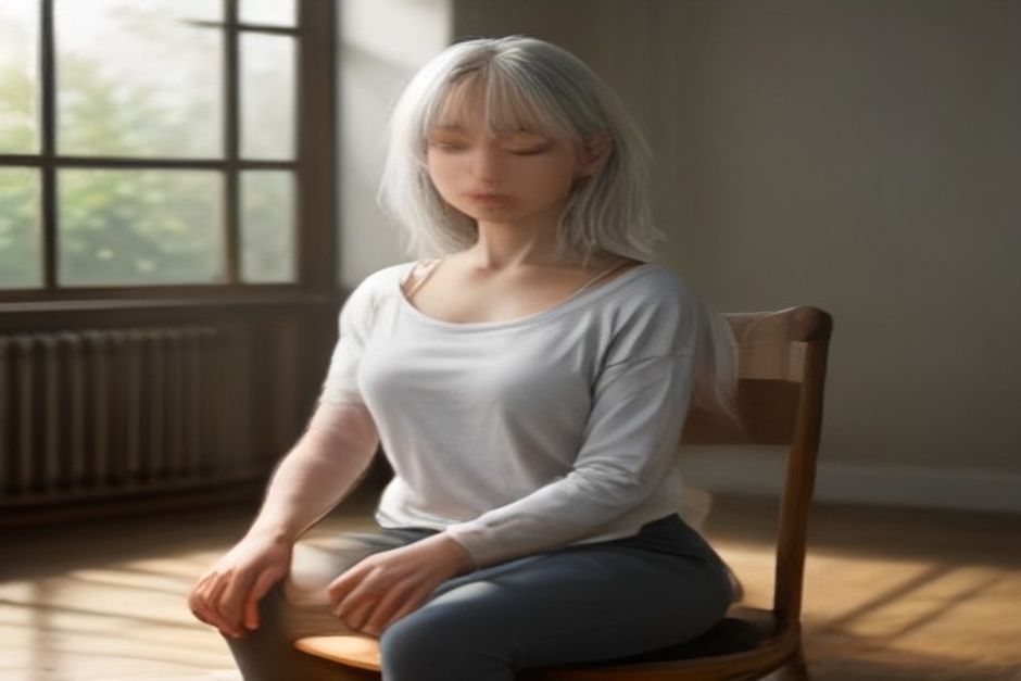 An older person in comfortable clothing practicing a gentle standing yoga pose beside a sturdy chair, warm natural light