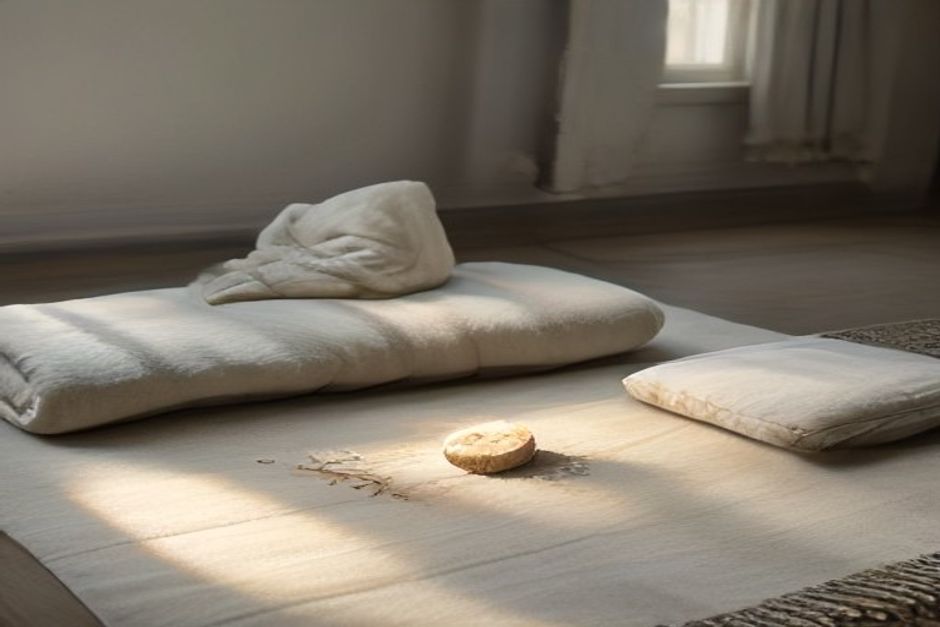 A folded blanket, yoga block and strap arranged on a mat beside a window in soft morning light