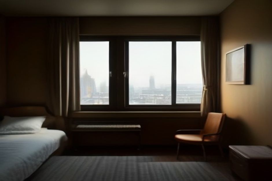 Person stretching in a quiet hotel room beside a bed and a window with evening city light, suitcase nearby