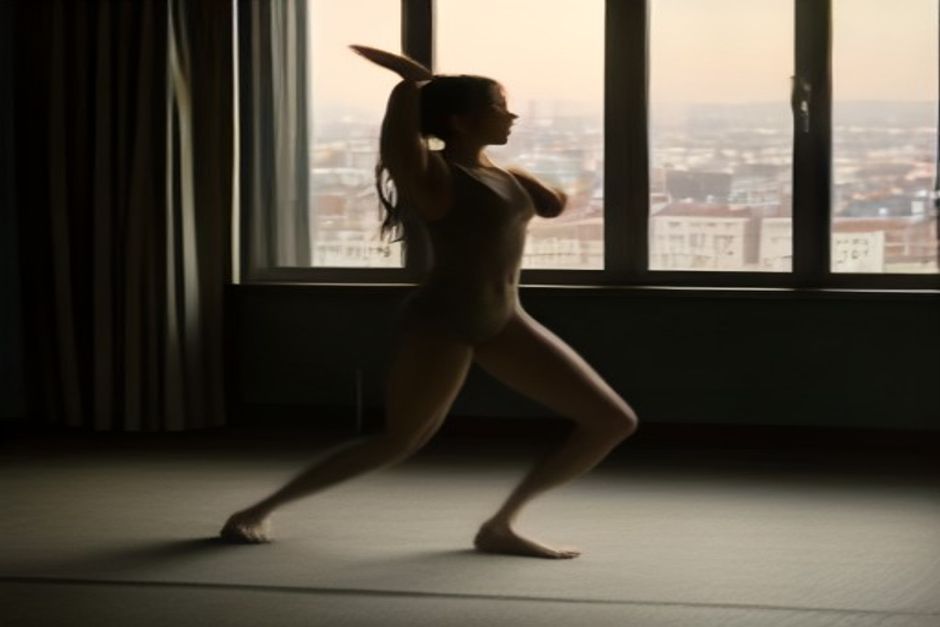 Person stretching in a low lunge beside a window after a long journey, soft evening light