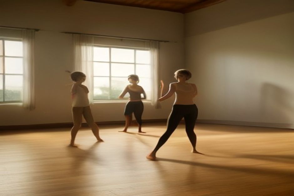 People of different ages practicing gentle yoga poses together in a bright, calm studio with wooden floors