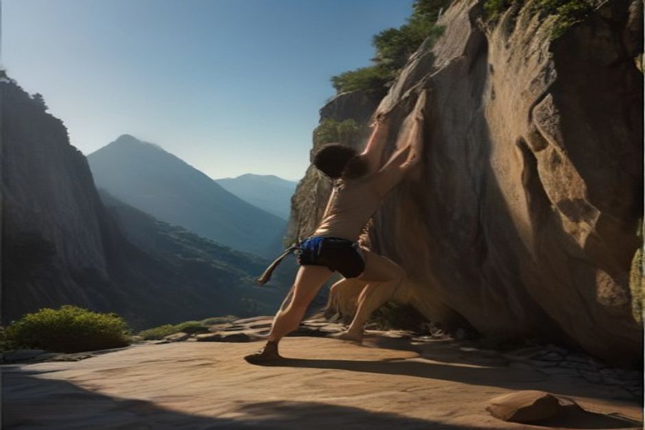 A climber stretching on a mat beside a crash pad at the base of a rock face, warm afternoon light