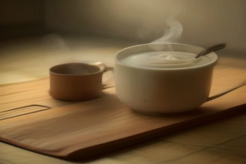 A ceramic cup of coffee beside a rolled yoga mat on a wooden table in early morning light