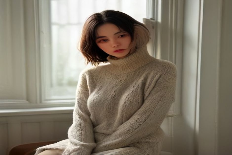 Person in a warm sweater practicing a gentle seated stretch beside a frosty window, morning light