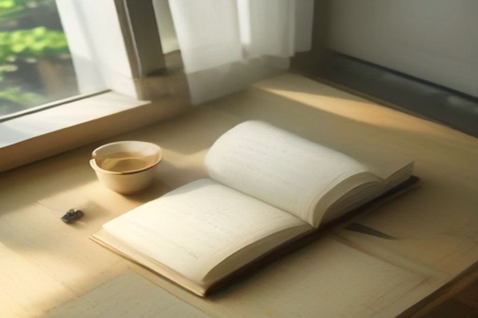 A yoga mat beside a wooden desk with a notebook, pen, and a cup of tea, soft window light