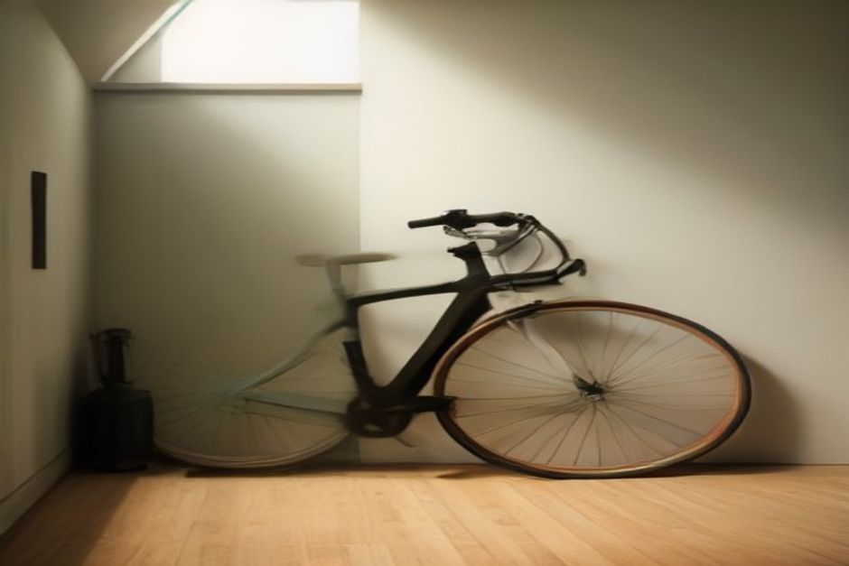 A bicycle leaning against a wall beside a rolled yoga mat on a wooden floor, warm afternoon light
