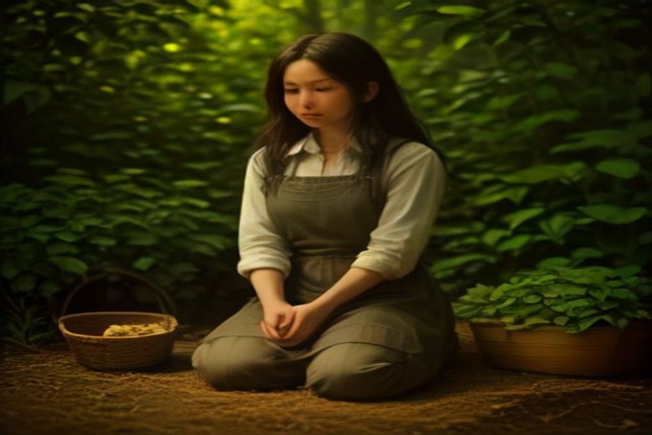 Hands in garden soil beside a kneeling pad and a woven basket of vegetables, warm afternoon light